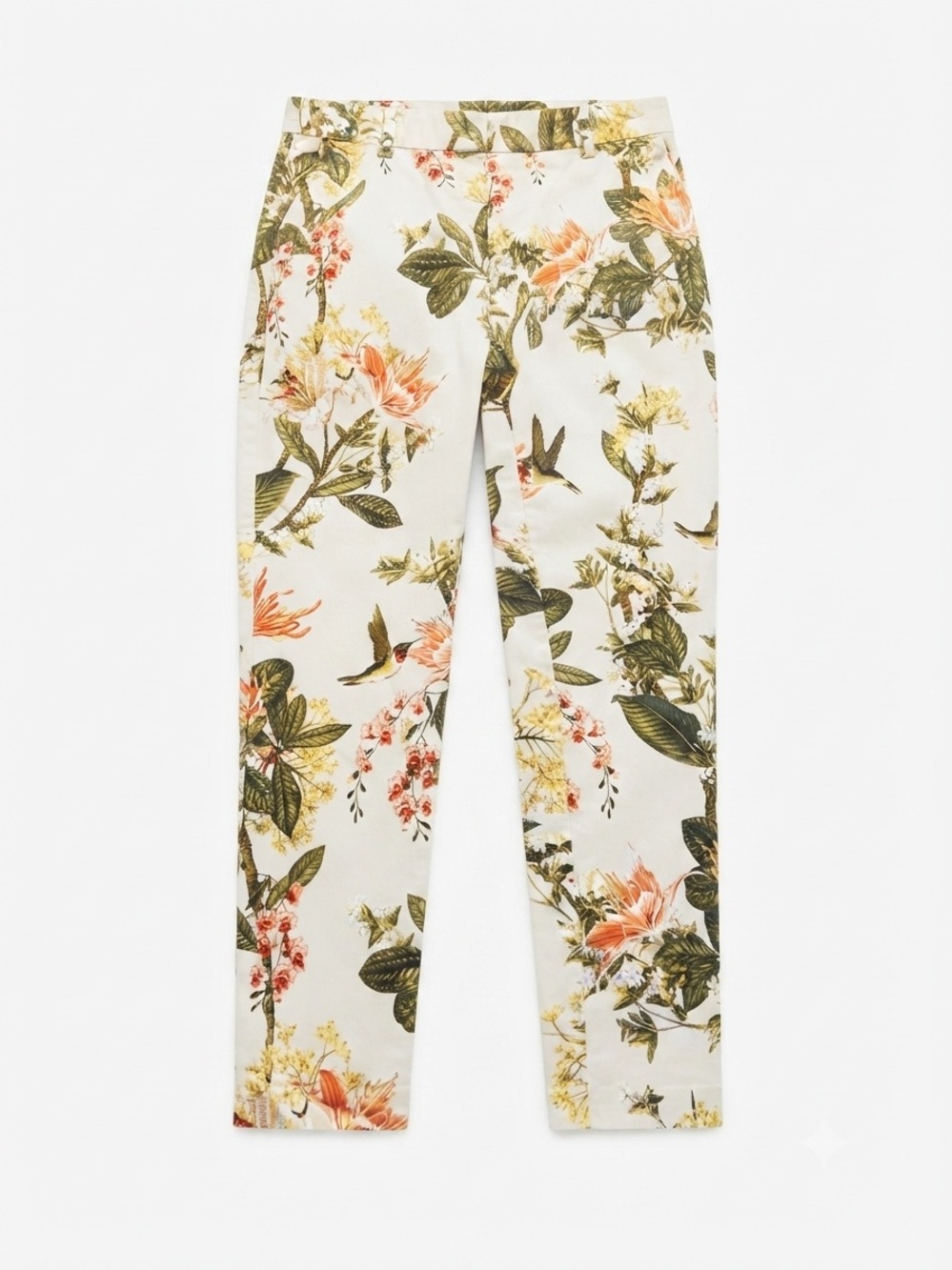 H&M Floral Pants Women Size 4 Beige Botanical Bird Print Skinny Trousers Casual